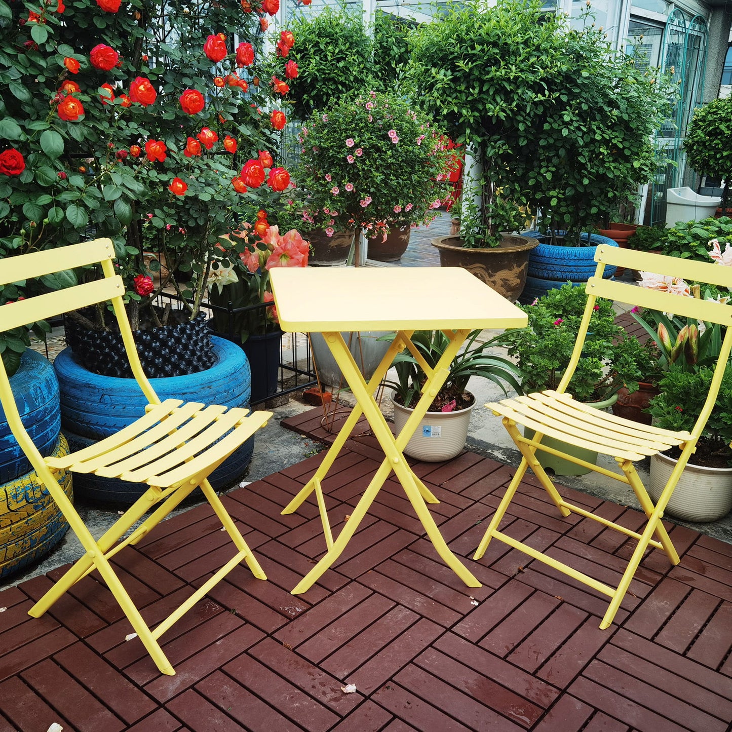 3 Piece Patio Bistro Set Of Foldable Square Table And Chairs - Yellow