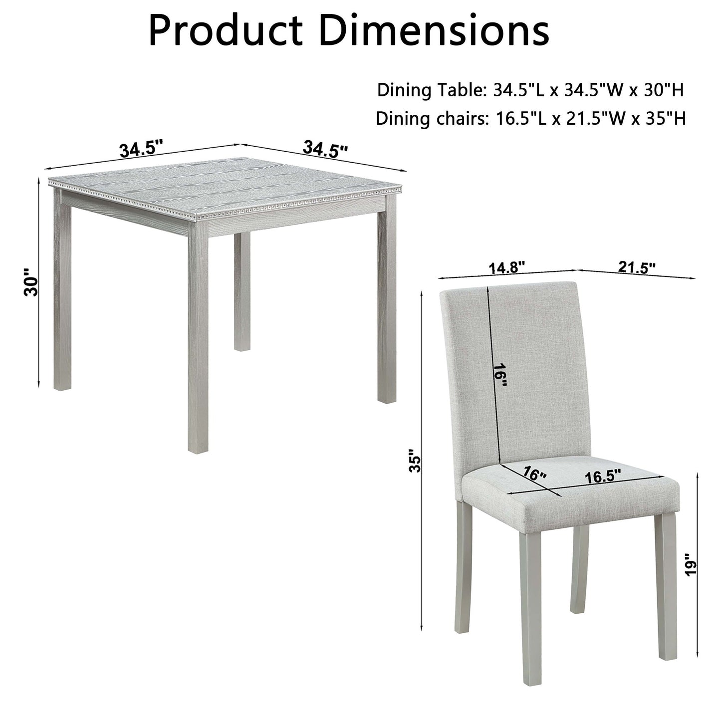 5 Piece Wooden Dining Table Set, Kitchen Table Set With A Square Table And 4 Upholstered Chairs, Wooden Dining Room Table With Crystal Decoration And Chairs Set For Kitchen, Dining Room - Silver Gray