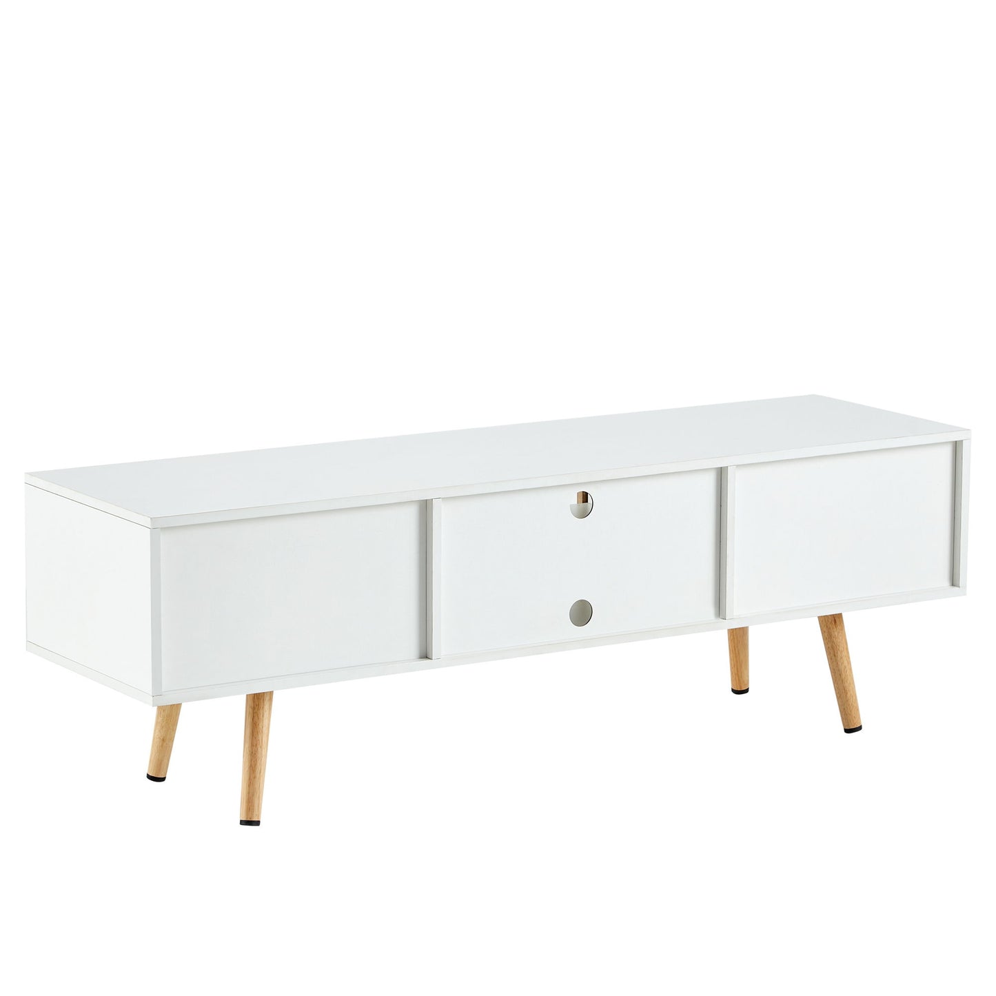 55.12" Rattan TV Cabinet, Double Sliding Doors For Storage, Adjustable Shelf, Solid Wood Legs, TV Console For Living Room - White