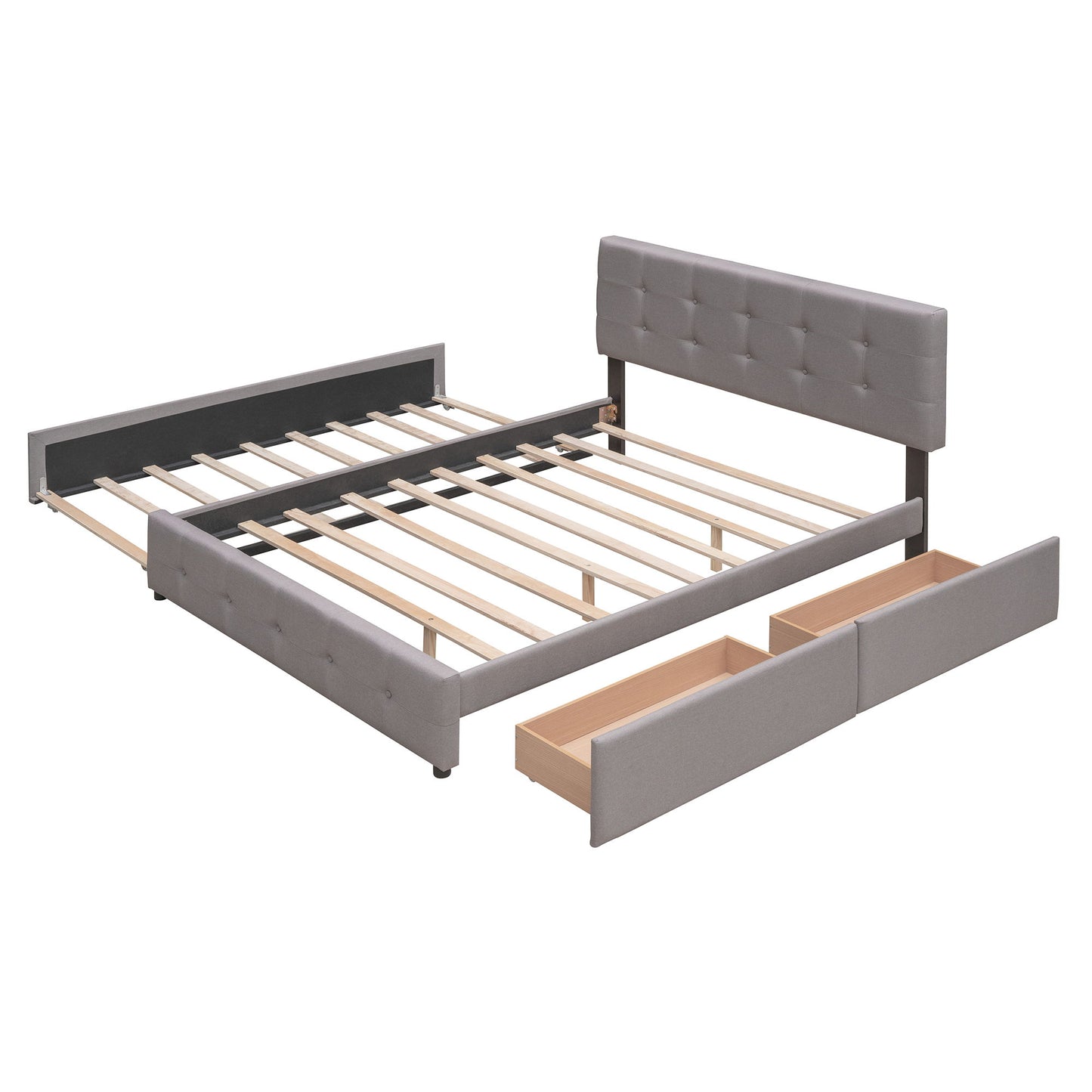 Queen Size Upholstered Platform Bed With 2 Drawers And 1 Twin Long Trundle - Light Gray