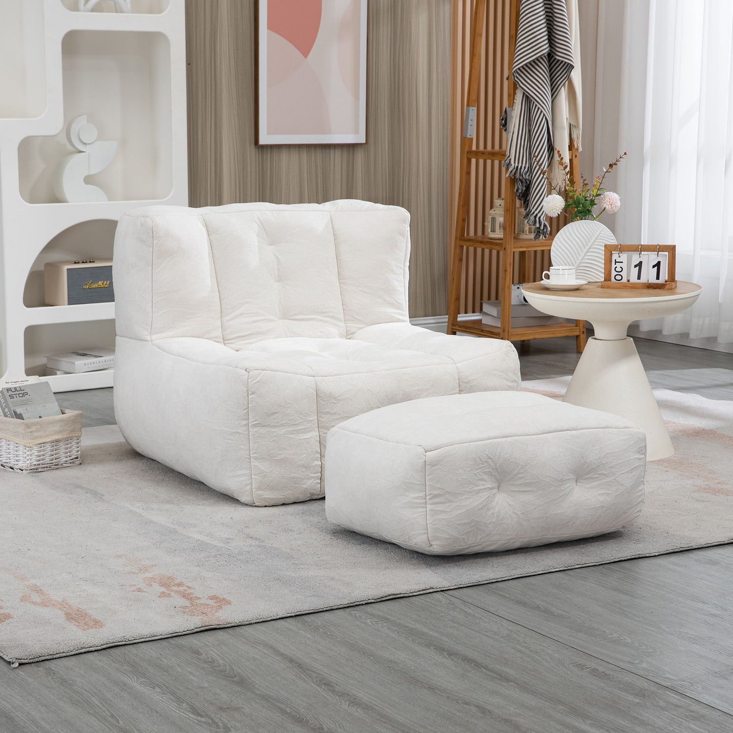 Fluffy Bean Bag Chair, Comfortable Bean Bag For Adults And Children, Super Soft Lazy Sofa Chair With Memory Foam And Ottoman, Indoor Modern Focus Bean Bag Chair For Living Room, Bedroom, Apartment - White
