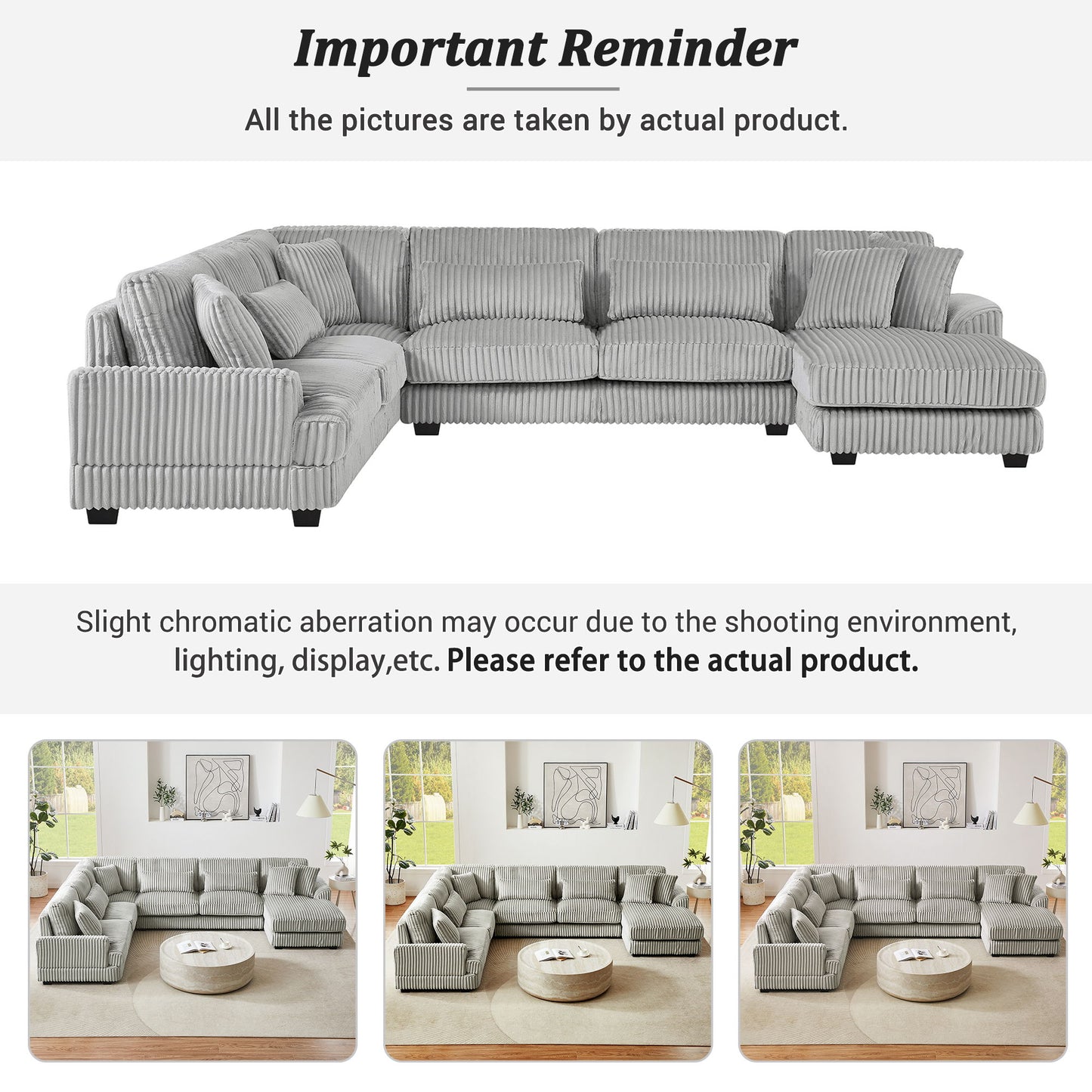 Oversized Sectional Sofa U - Shaped Sofa Couch Modern Sofa Upholstered In Soft Corduroy With A Chaise Lounge For Living Room - Gray