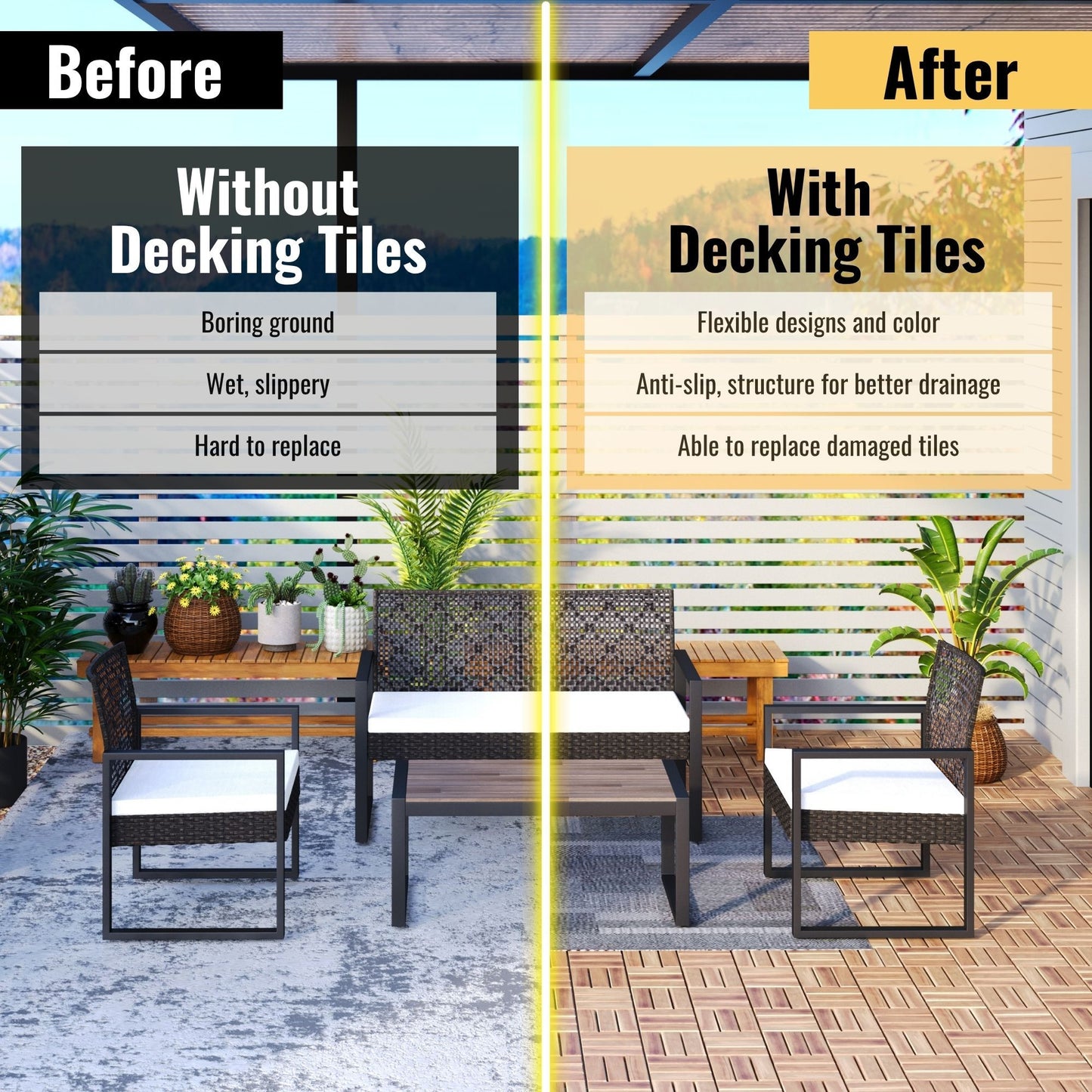 30 Piece Interlocking Deck Tiles Checker Pattern, Square Acacia Hardwood Outdoor Flooring For Patio, Bancony, Pool Side - Yellow