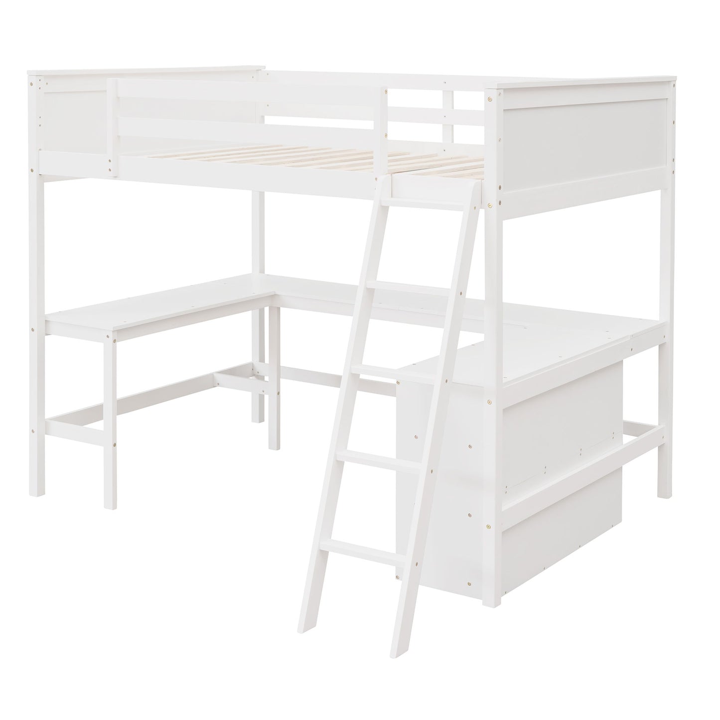 Full Size Loft Bed With Shelves With Desk - White
