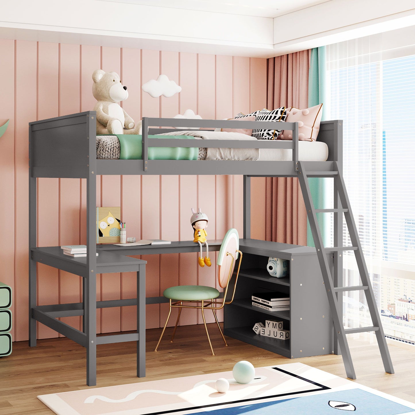Full Size Loft Bed With Shelves With Desk - Gray