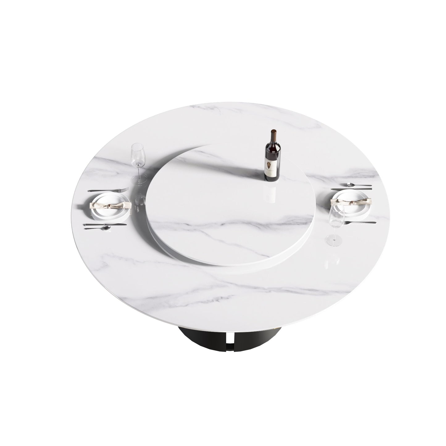 59.05" Modern Artificial Stone Round Carbon Steel Base Dining Table, Can Accommodate 6 People, White Artificial Stone Turntable - White / Black