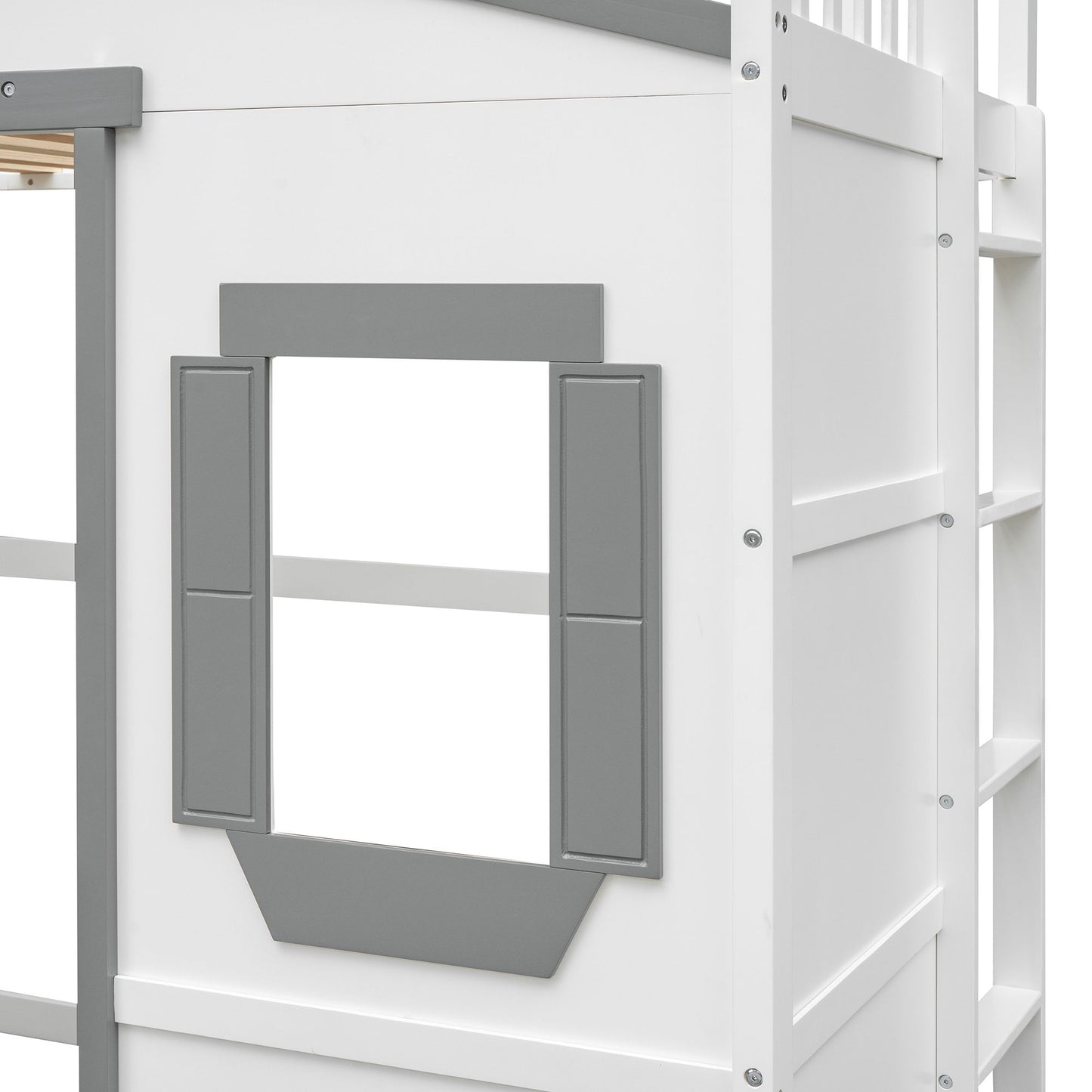 Twin Size House Loft Bed With Ladder - White / Gray