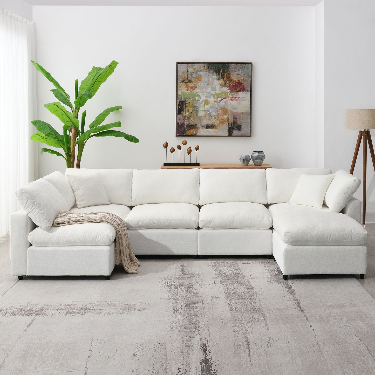 Modern Modular Cloud Sofa Bed, 6 Seat Chenille Sectional Couch Set With Ottoman, Free Combination, Convertible U Shaped Sleeper Sofa - Beige