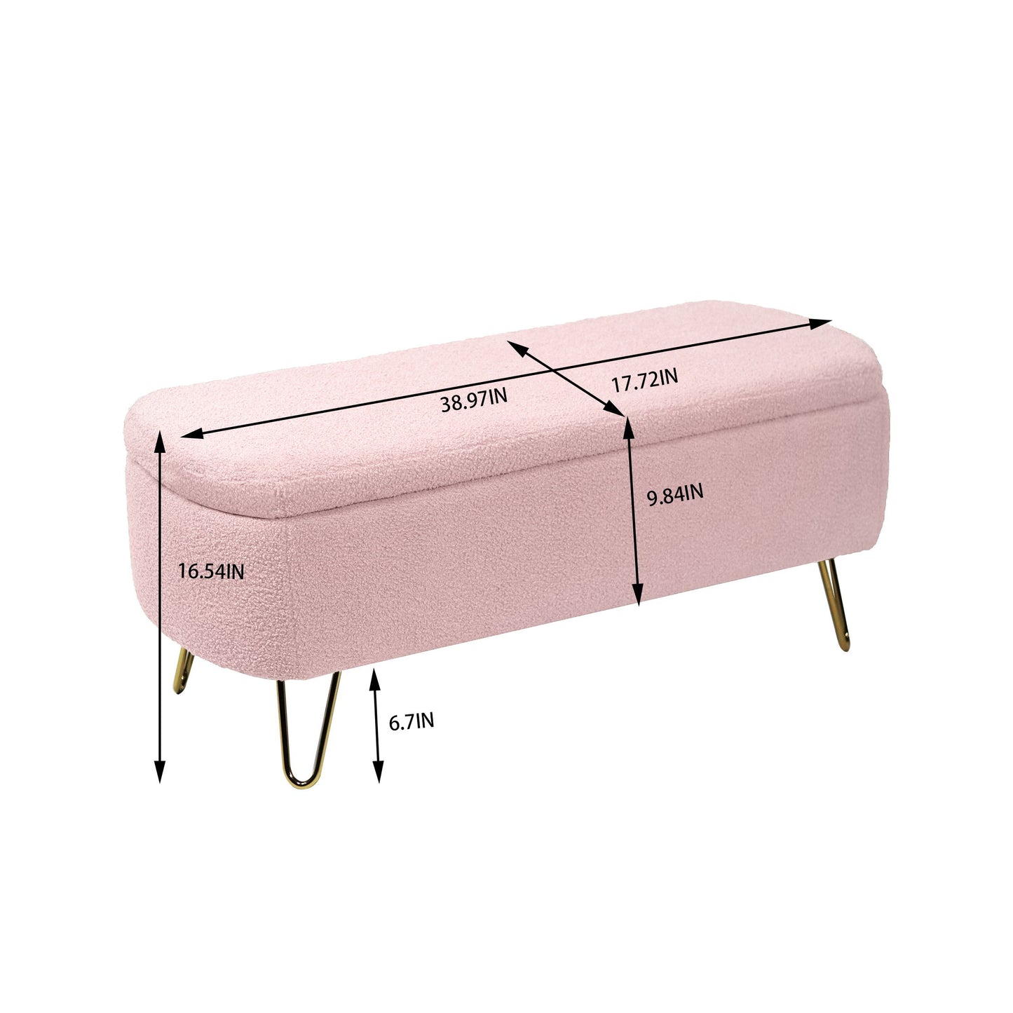 Storage Ottoman Bench For End Of Bed Gold Legs, Modern Gray Faux Fur Entryway Bench Upholstered Padded With Storage For Living Room Bedroom - Pink