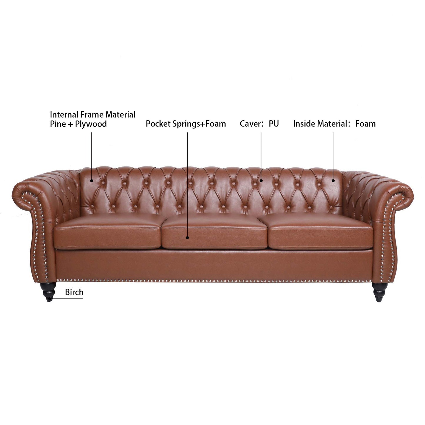 Rolled Arm Chesterfield Three Seater Sofa - Brown