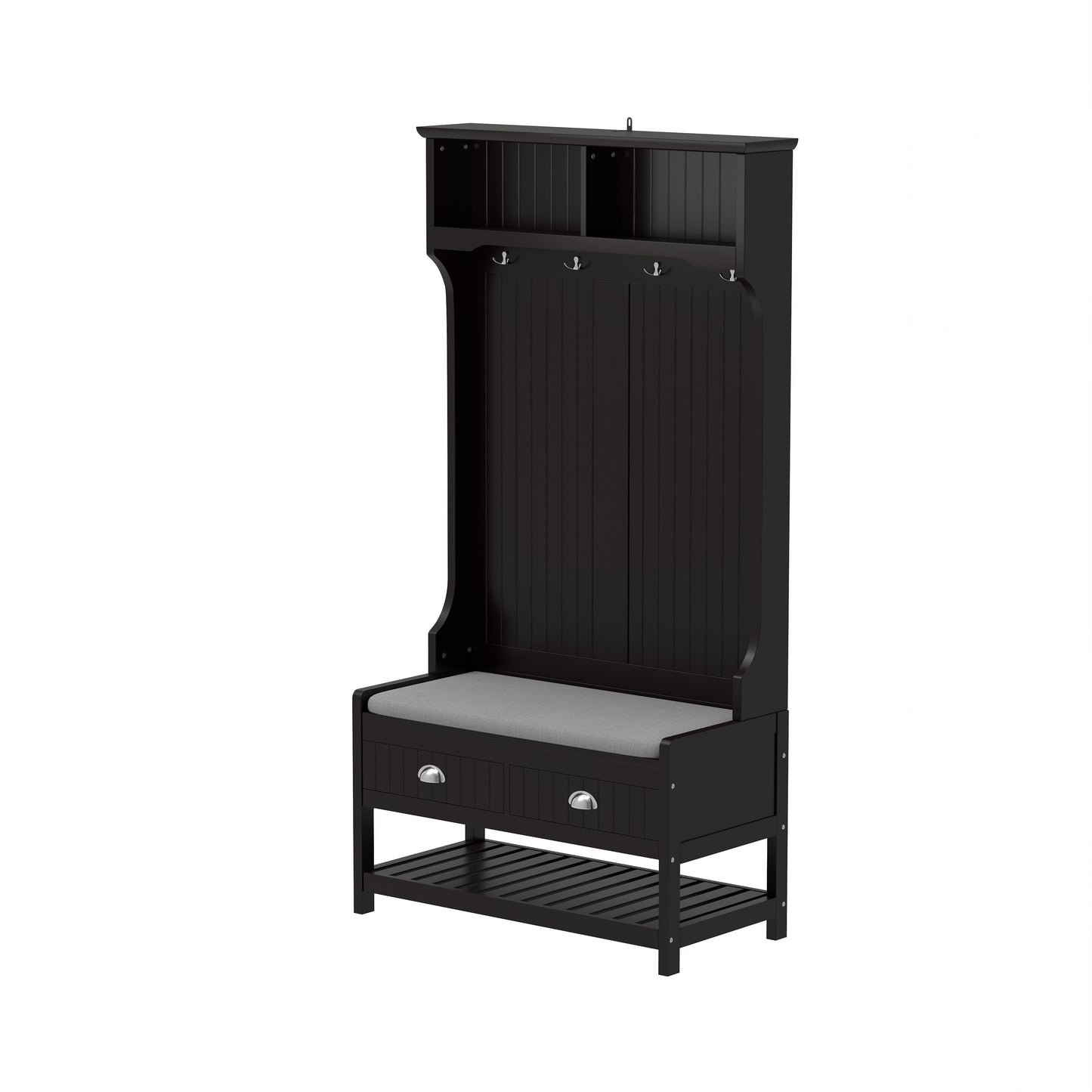 3 In 1 Wooden Hallway Hall Tree With Storage Drawers, Coat Rack, Shoe Rack Bench, And Cushion - Amber Graphite / Black