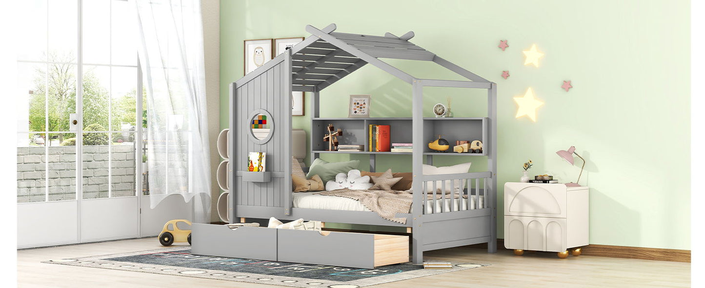 Twin Size House Bed With 2 Drawers, Kids Bed With Storage Shelf - Gray
