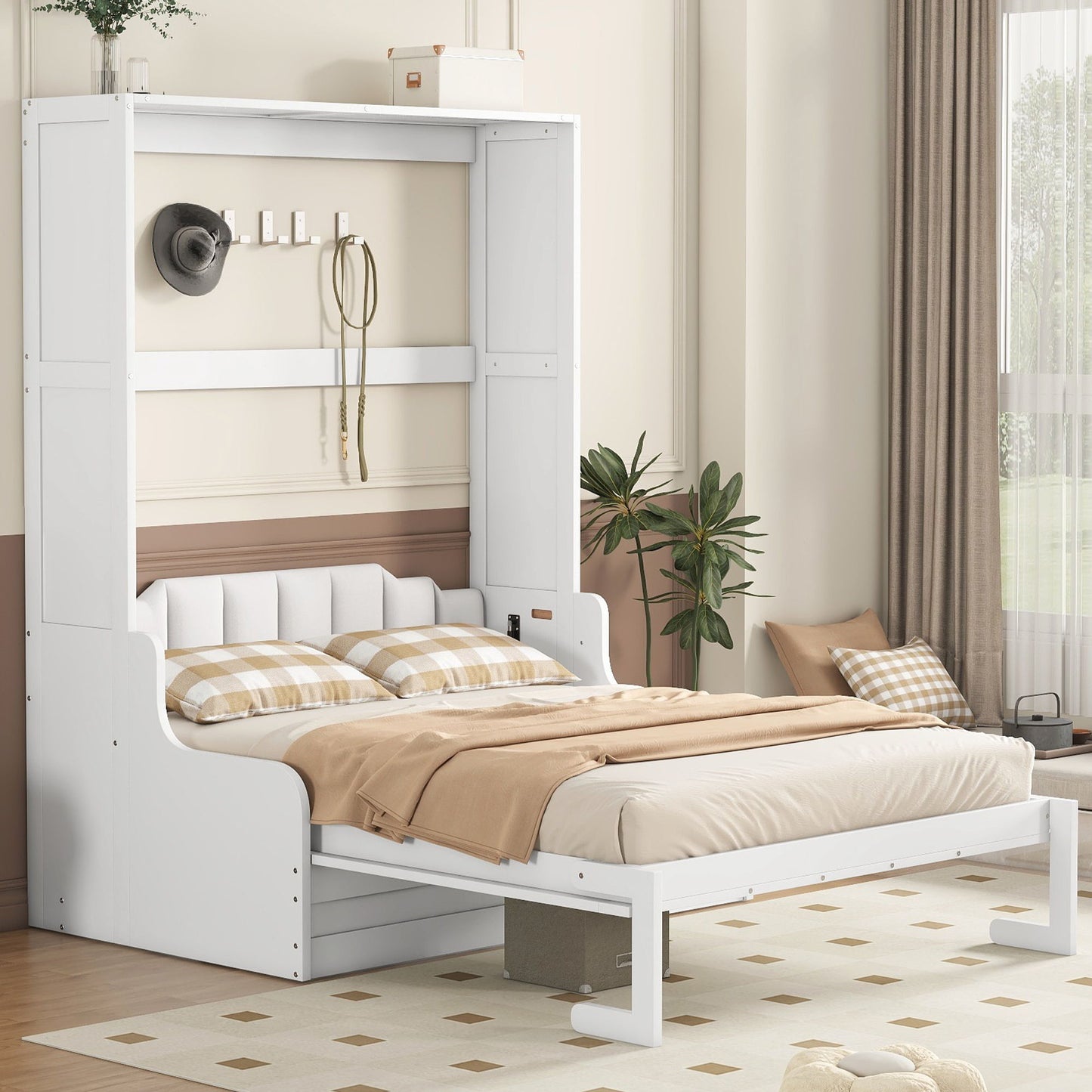 Queen Size Murphy Space Saving Wall Bed With Cushion - White
