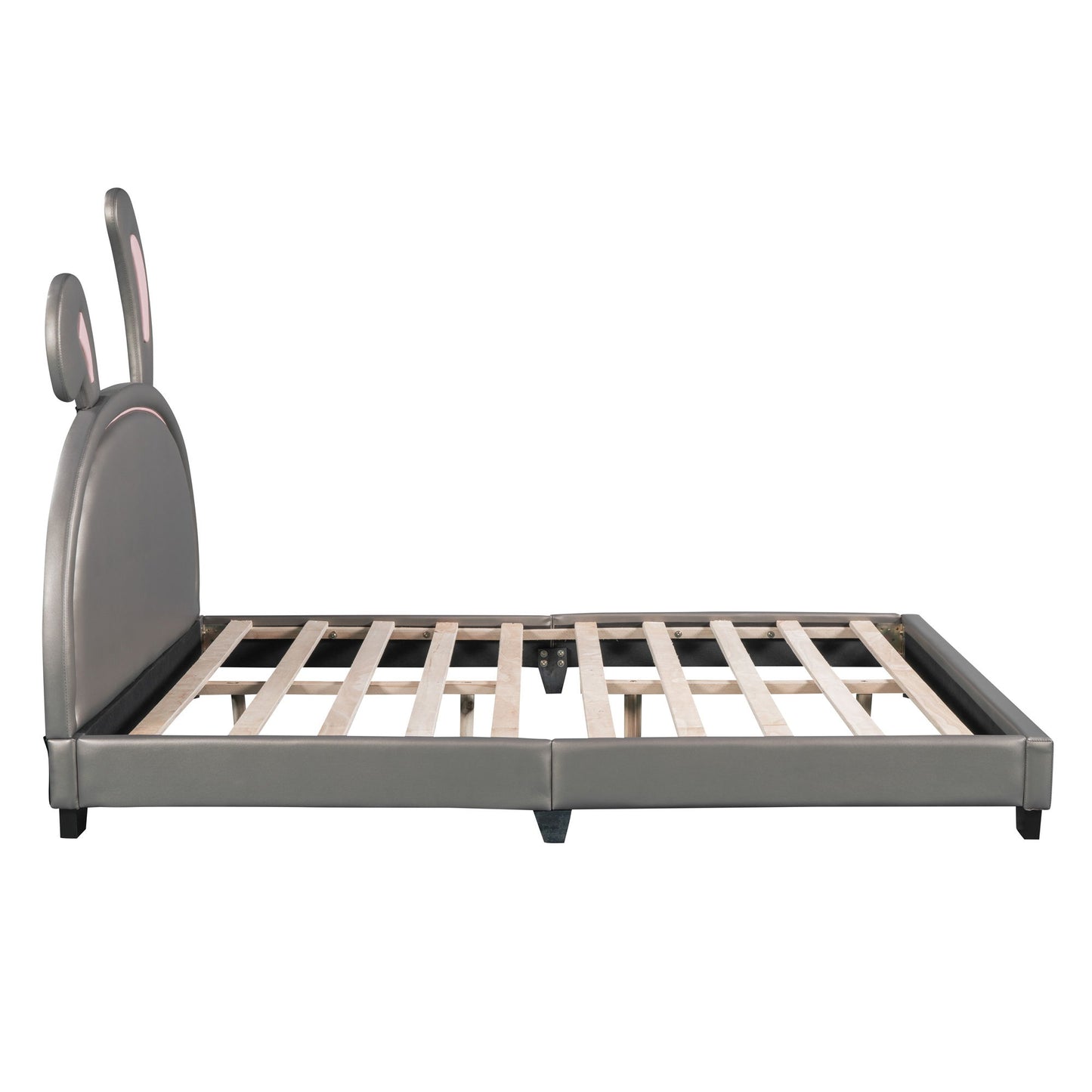 Full Size Upholstered Leather Platform Bed With Rabbit Ornament - Gray