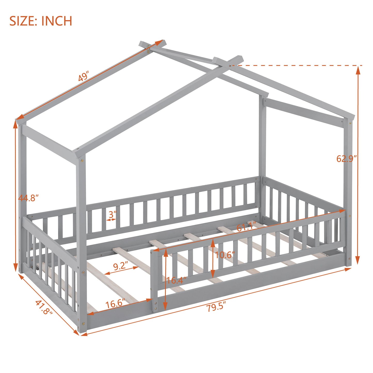 Twin Size Bed House Bed Frame With Fence - Gray