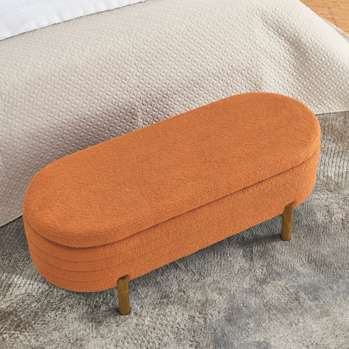 Stylish Ottoman Oval Storage Bench With Rubber Wood Legs - Orange