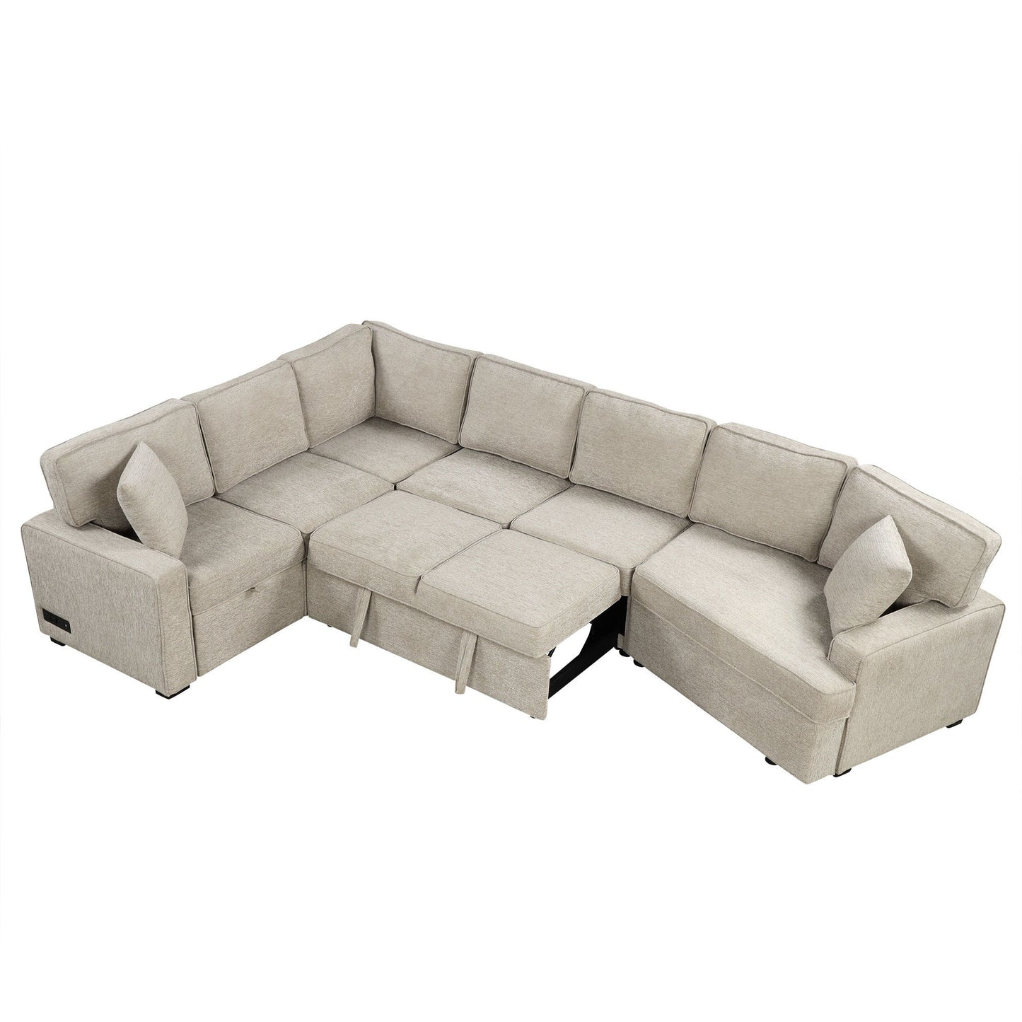 L-Shaped Sofa Sectional Sofa Couch Pull-Out Sofa Bed With Charging Devices And Cup Holders For Living Room - Beige