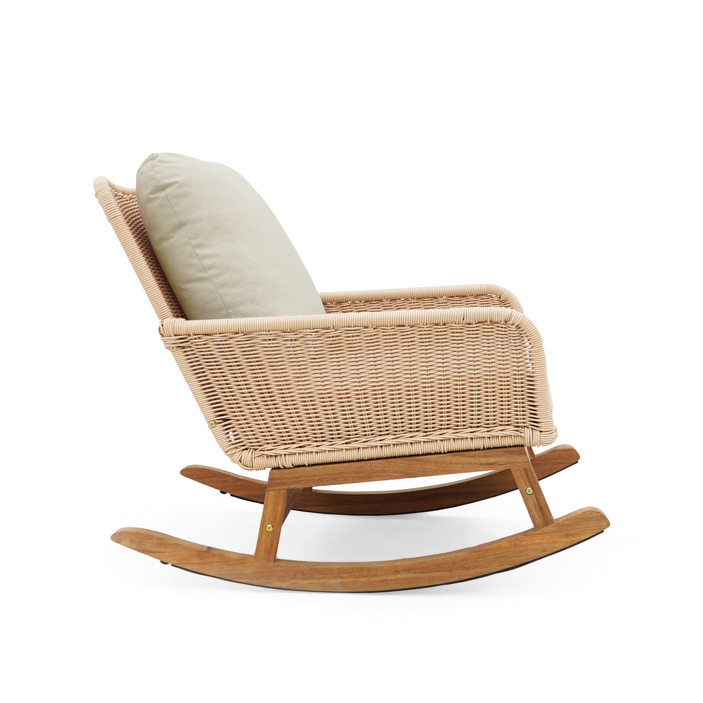 Contemporary Minimalist Wicker Rocking Chair With Soft Polyester Cushions And Wooden Frame - Beige