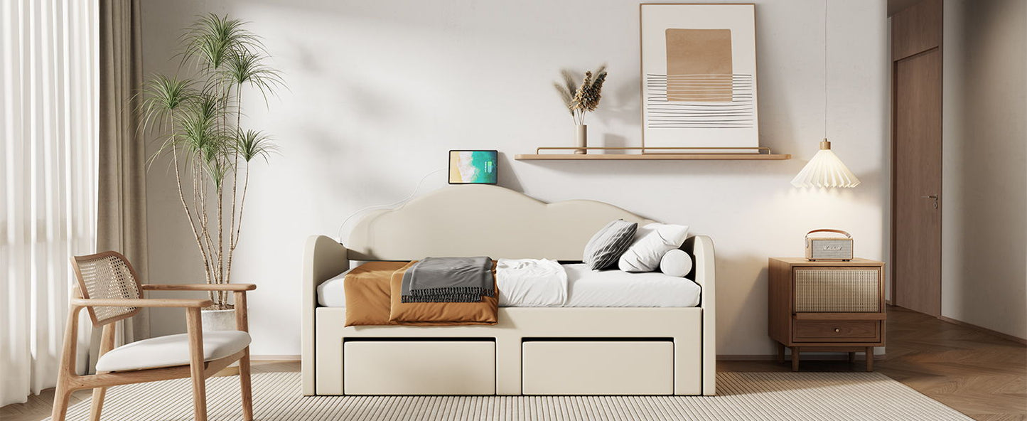 Twin Size Upholstered Daybed With Cloud-Shaped Backrest, Trundle & 2 Drawers And USB Ports - Beige
