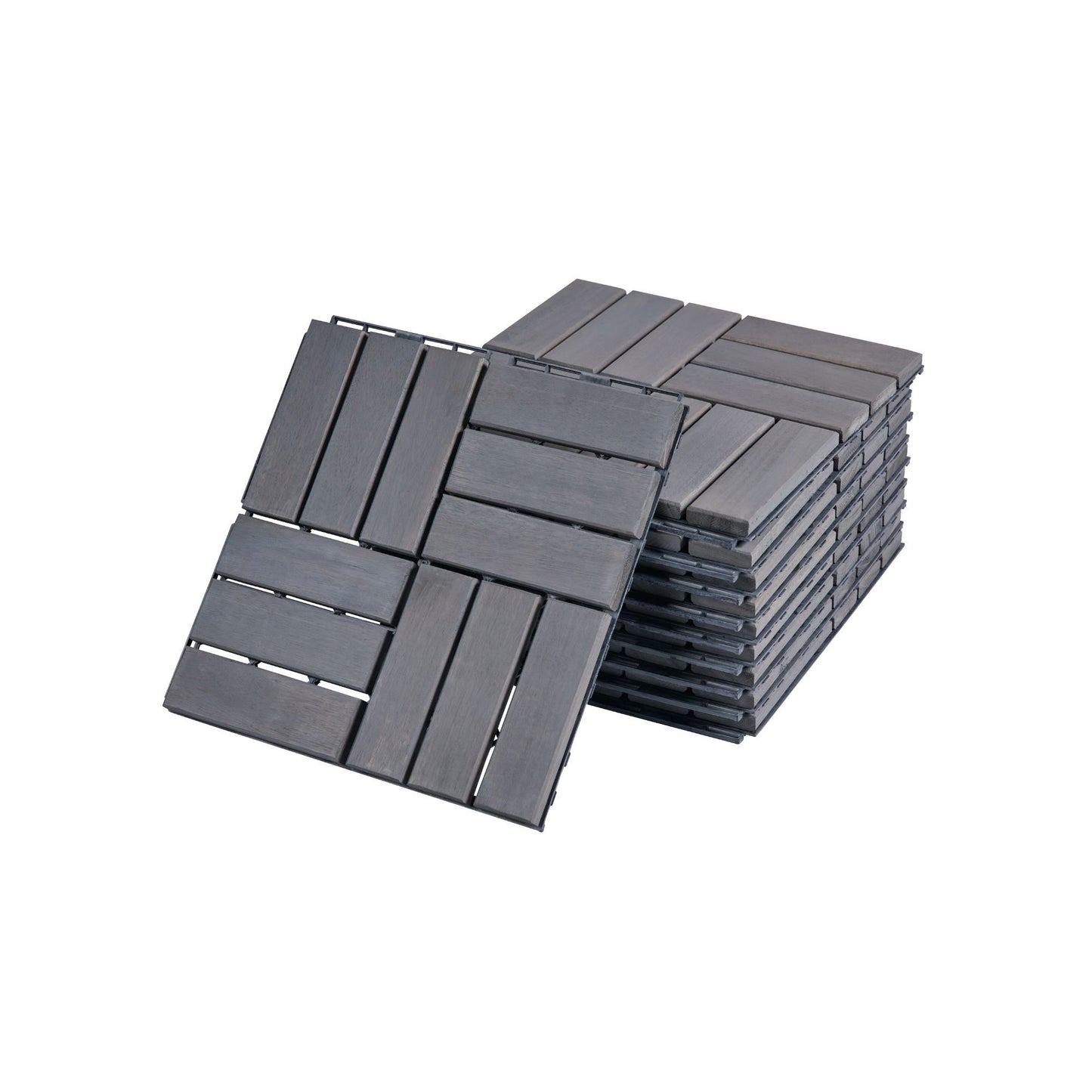 30 Piece Interlocking Deck Tiles Checker Pattern, Square Acacia Hardwood Outdoor Flooring For Patio, Bancony, Pool Side - Light Gray