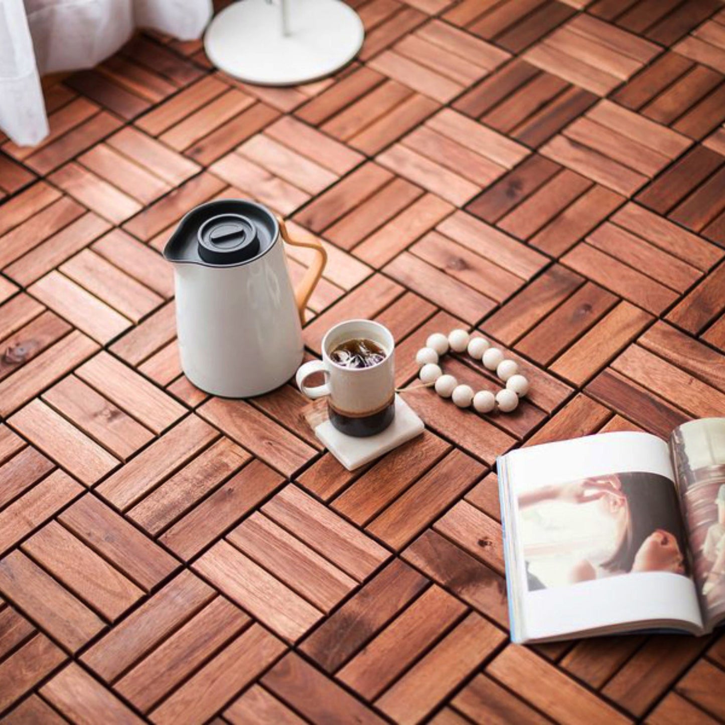 Acacia Wood Interlocking Deck Tiles Checker Pattern, 10 Piece Square Acacia Hardwood Outdoor Flooring For Patio, Bancony, Pool Side - Brown
