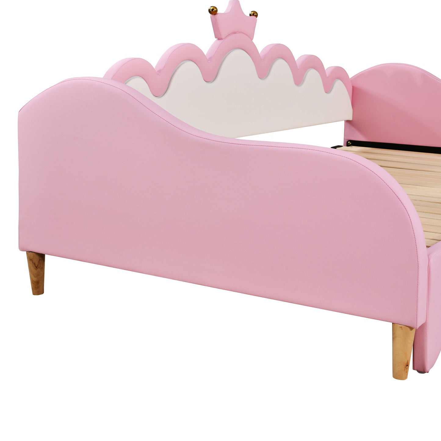 Twin Extending Daybed With LED Lights, Modern Upholstered Princess Daybed With Crown Headboard - Pink