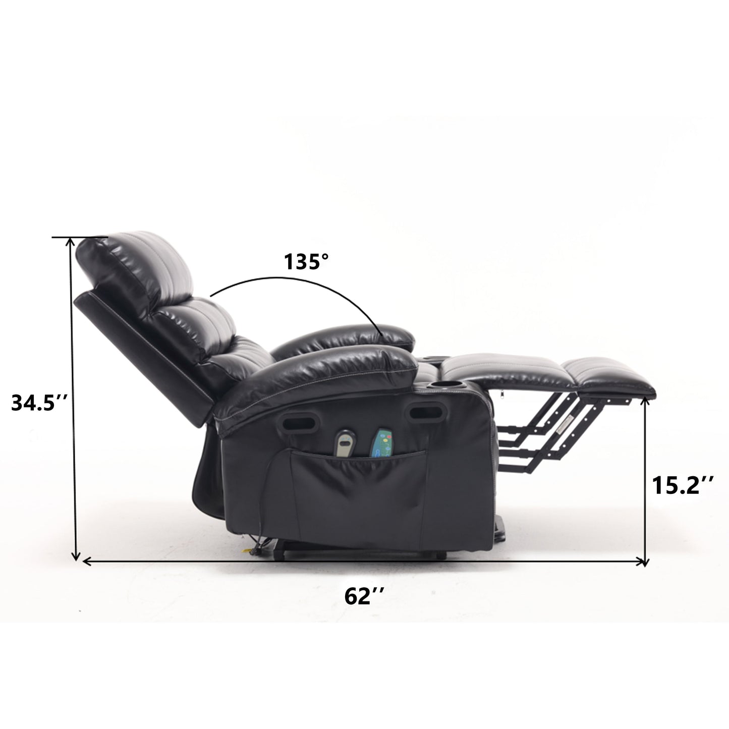 Large Size Electric Power Lift Recliner Chair Sofa, 8 Point Vibration Massage And Lumber Heat, Remote Control, Side Pockets And Cup Holders - Black