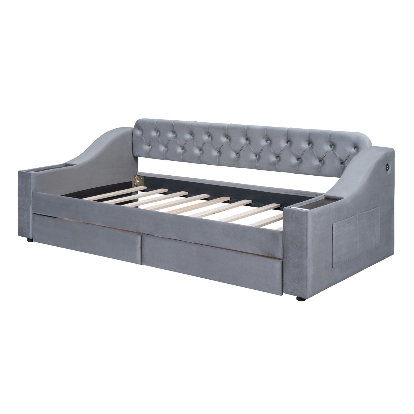 Twin Size Upholstered Daybed With Storage Armrests And USB Port - Gray