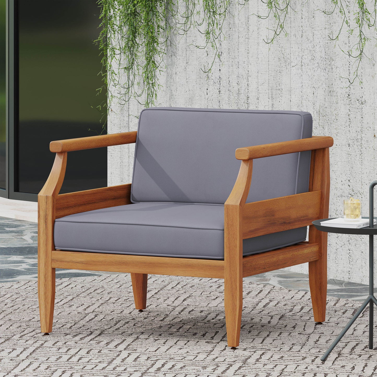 Outdoor Club Chair With Recessed Arms And Cushions - Dark Gray / Teak