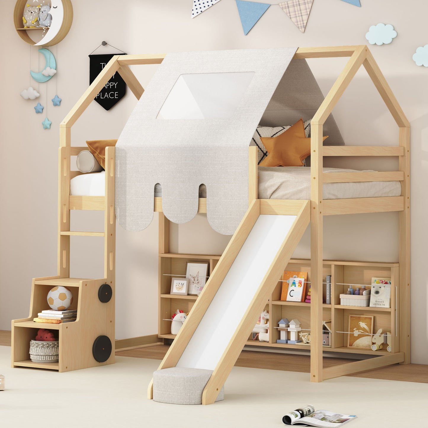 Twin Size Loft Bed With House Shaped Frame And Tent - Natural / Beige
