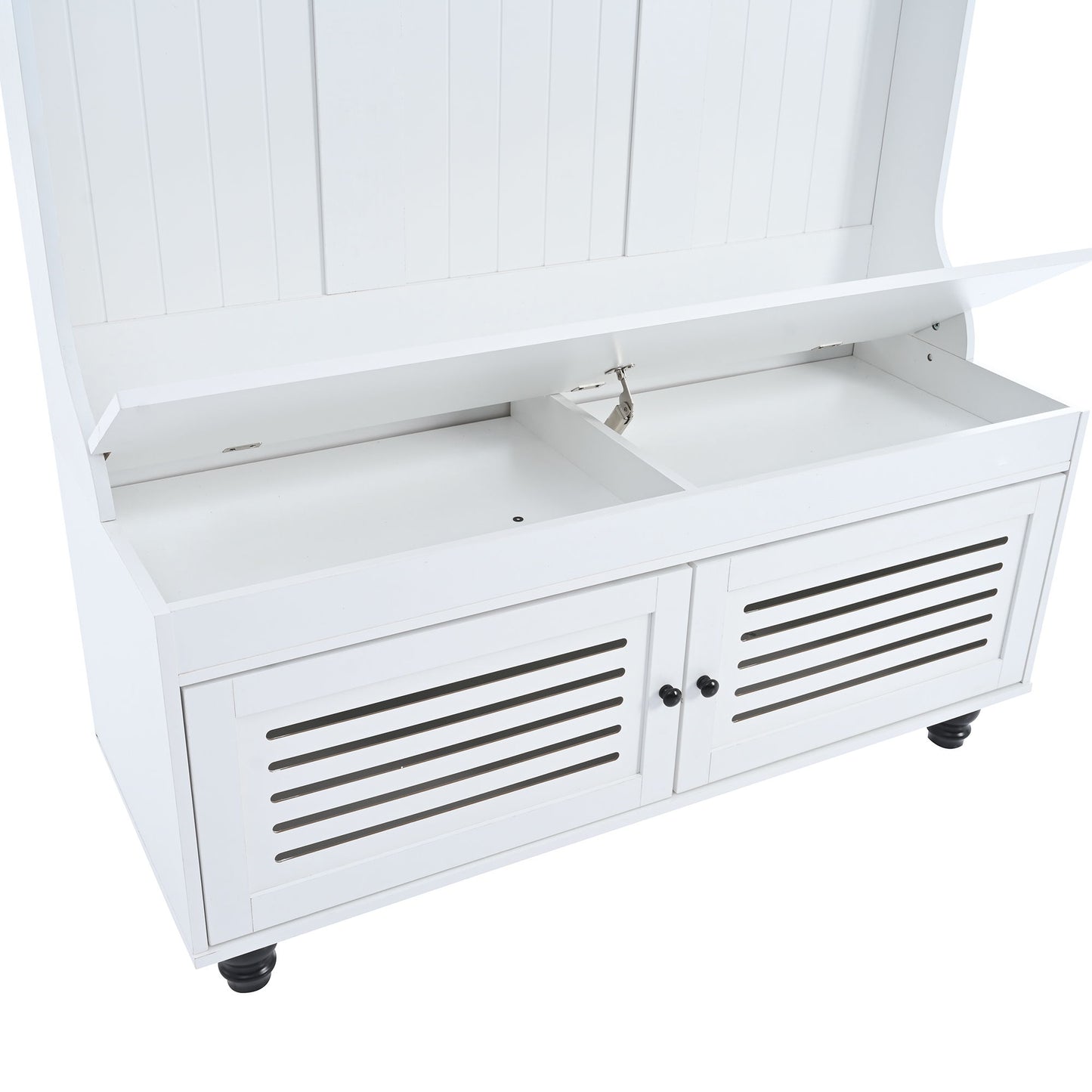 5 In 1 Entryway Bench With Shutter - Shaped Doors, Coat Rack, Cushion And 4 Sturdy Hooks, Wide Hall Tree With Storage Bench For Hallway, Entryway, Living Room - White