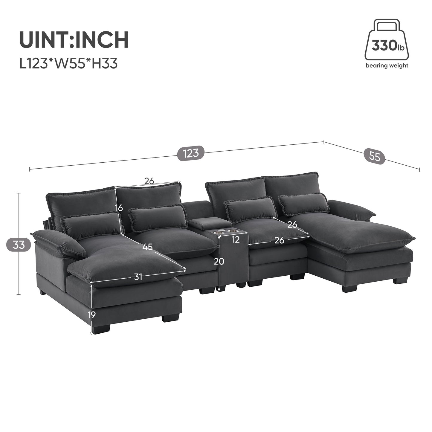 Modern U Shaped Sofa With Console, Cupholders And USB Ports, 6 Seat Upholstered Symmetrical Indoor Furniture, Sleeper Couch Set With Chaise - Gray
