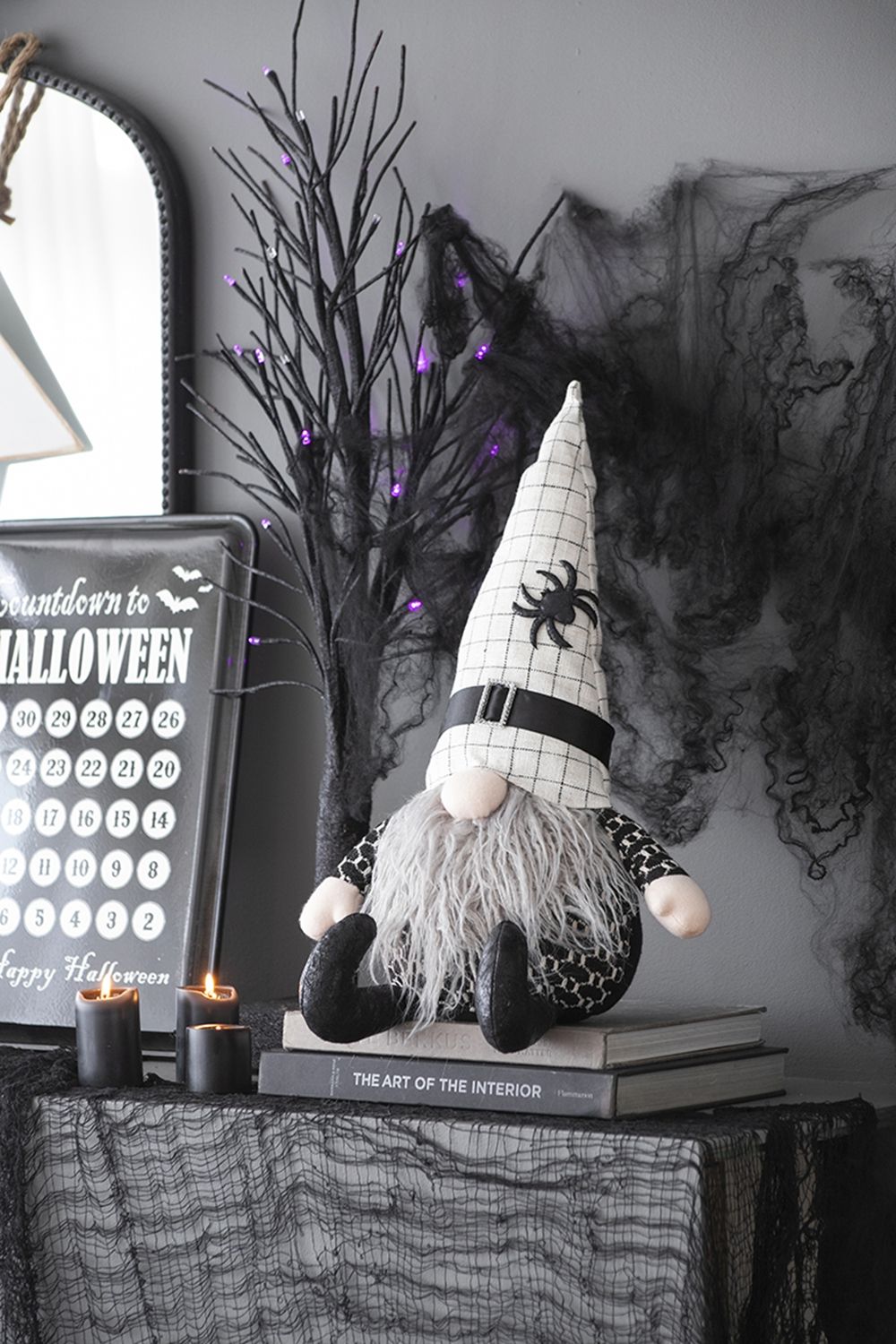Sitting Gnome With Hat Spider, For Halloween Decor - Black White