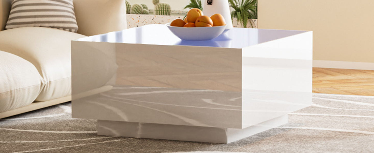 Square High Glossy Coffee Table With 16 Color Led Strip Lights, Modern Center Table With 5Mm Frosted Tempered Glass Top For Living Room - White