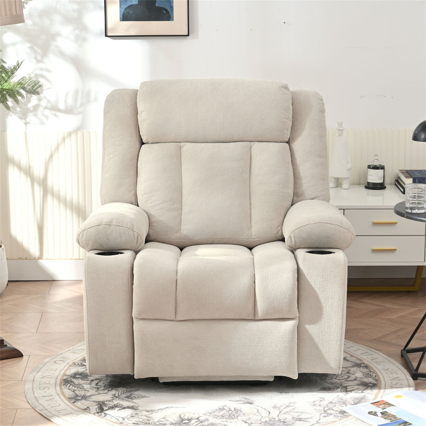 Power Lift Recliner Chair - Fabric Single Sofa With Extended Footrest, Remote Control, Cup Holders, And Side Pockets For Living Room Or Home Theater - Light Gray