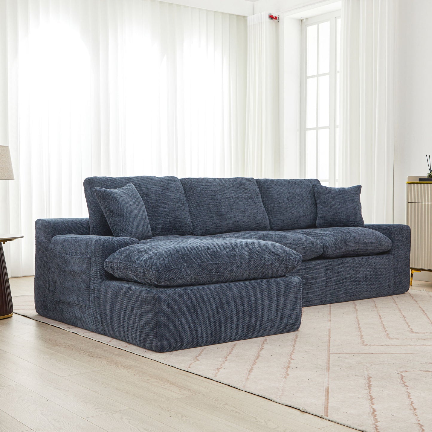 Cloud Sectional Sofa Upholstered Sofa Couch With Double-Layer Cushion And Side Pockets - Blue