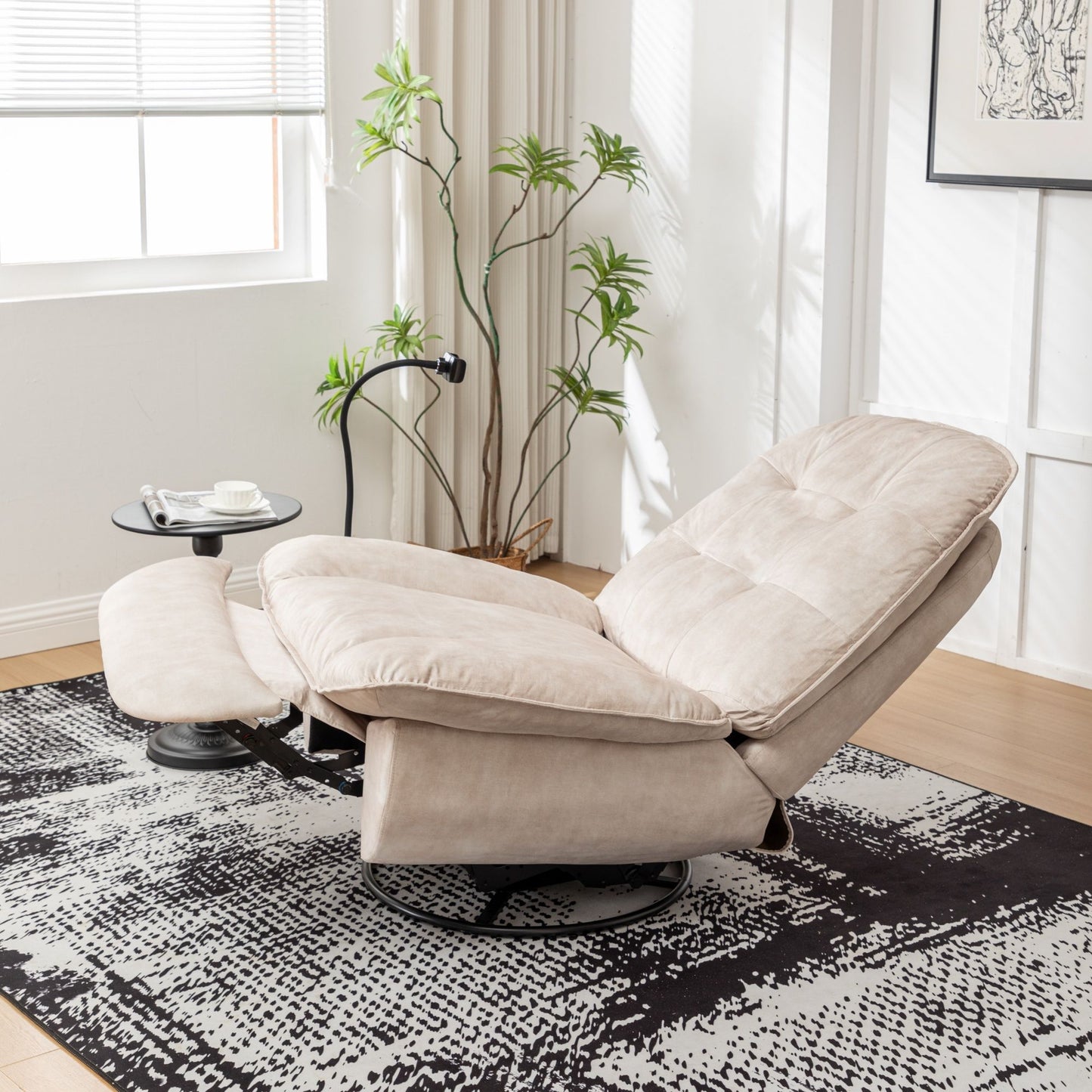 Modern Swivel Gliding Recliner Chair With Rocking Function And Phone Holder - Large Comfortable Reading Chair In Gold Stamped Velvet - Ivory