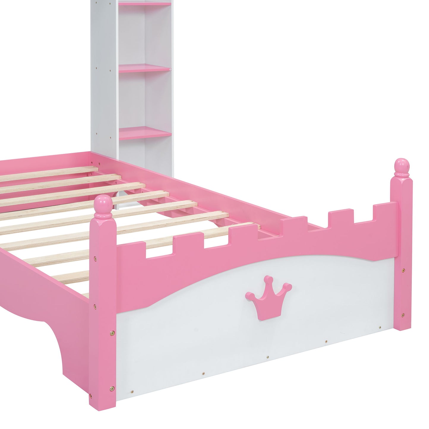 Castle Shaped Bed With Storage Shelf, Dreamy Twin Size Platform Bed For Kids Bedroom - White / Pink