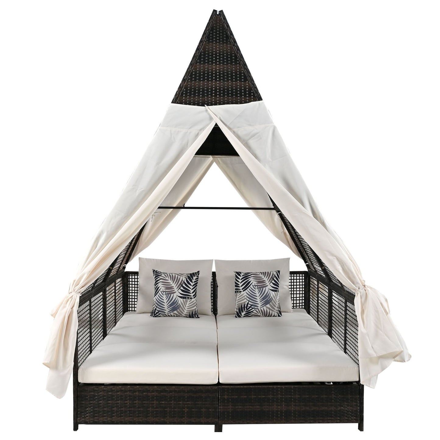Outdoor Daybed Patio Lounge Bed With Adjustable Backrest Double Sun Lounger With Curtains, 4 Pillows For Garden Patio Poolside Balcony Beach - Cream