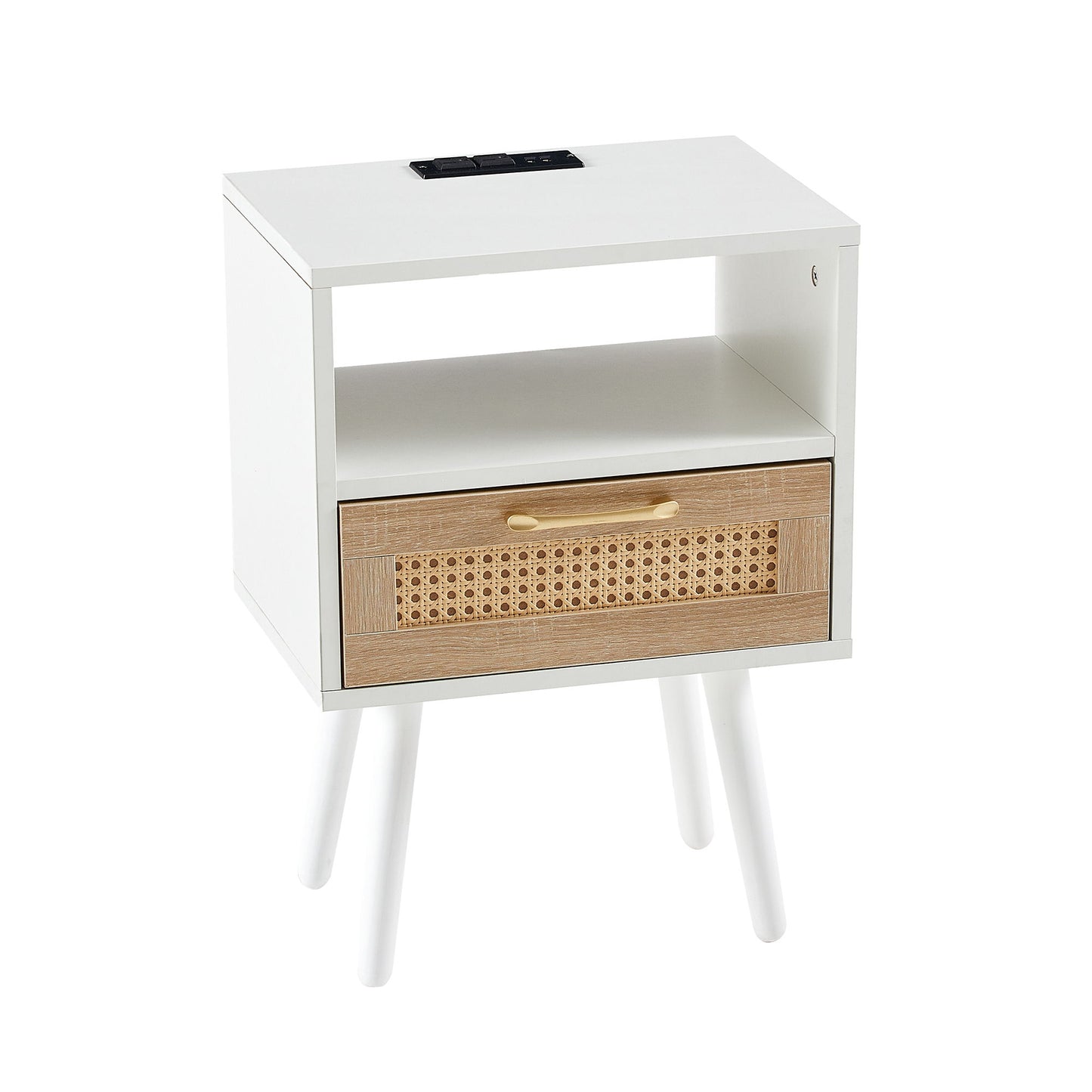 15.75" Rattan End Table With Power Outlet & USB Ports, Modern Nightstand With Drawer And Solid Wood Legs, Side Table For Living Room, Bedroom - White