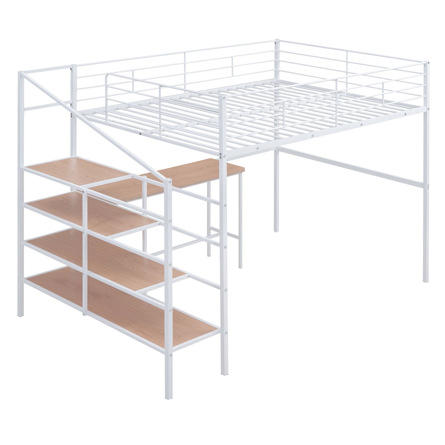 Full Size Loft Bed With Desk And Lateral Storage Ladder - White