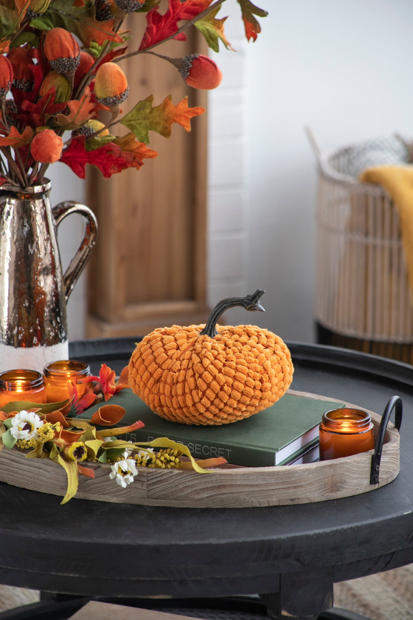 Chenille Weighted Pumpkin Ornament Decor For Holiday Harvest Festival Fall Festival & Thanksgiving (Set of 2) - Orange