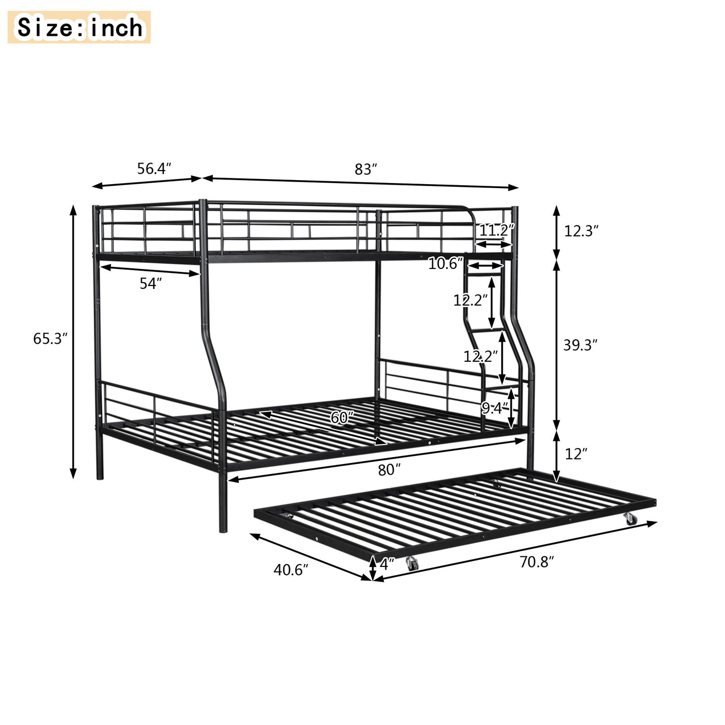 Full Long Over Queen Metal Bunk Bed With Trundle - Black