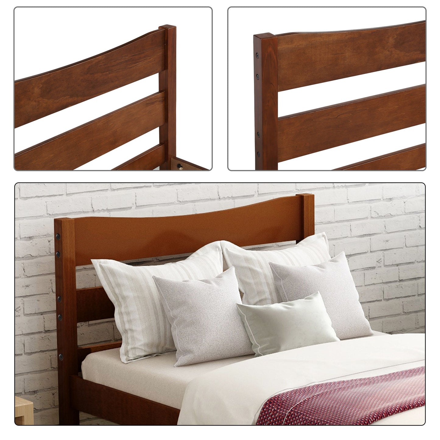 Twin Size Platform Bed With Headboard And Slat Support - Walnut