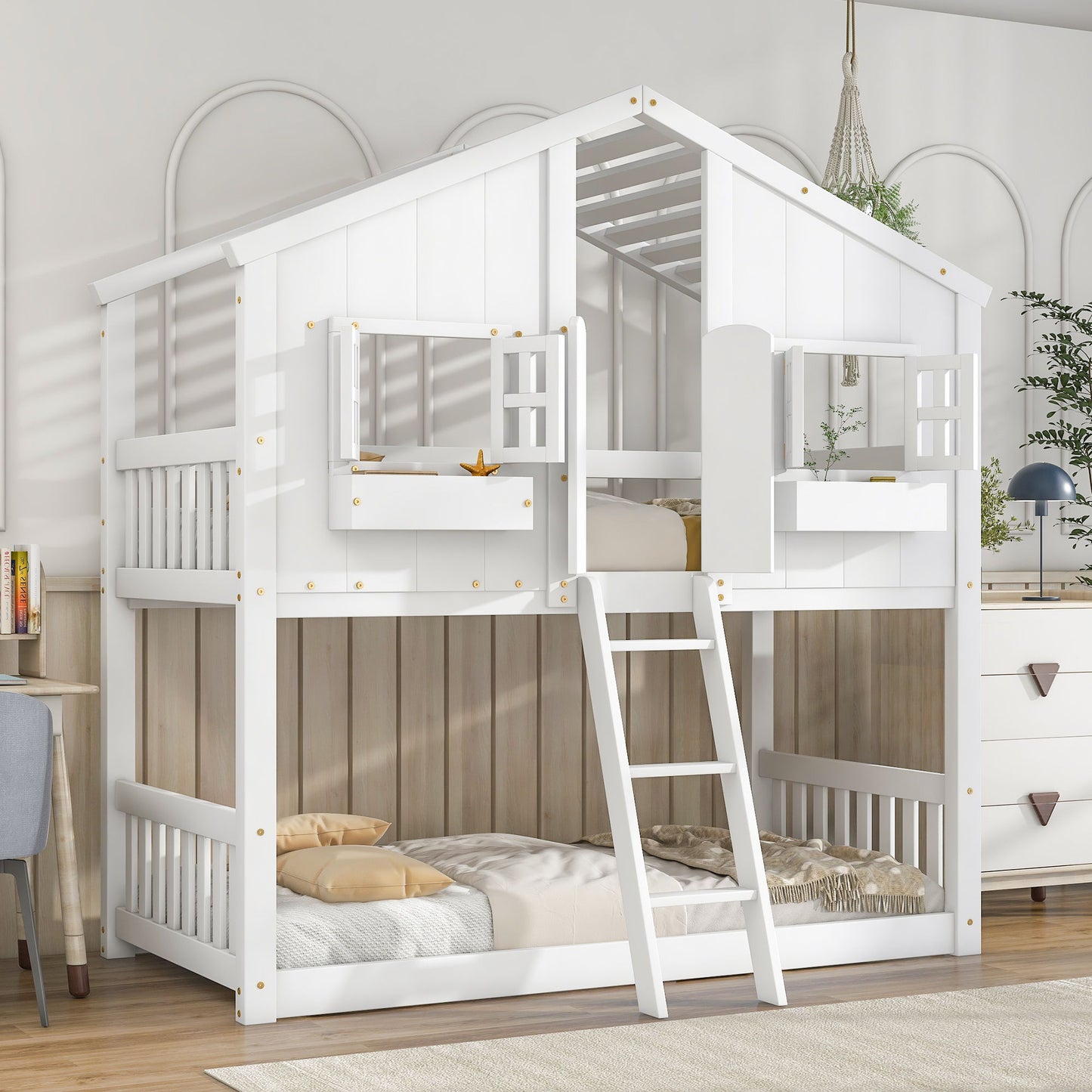 Twin Over Twin House Bunk Bed With Roof, Window, Window Box, Door, With Safety Guardrails And Ladder - White