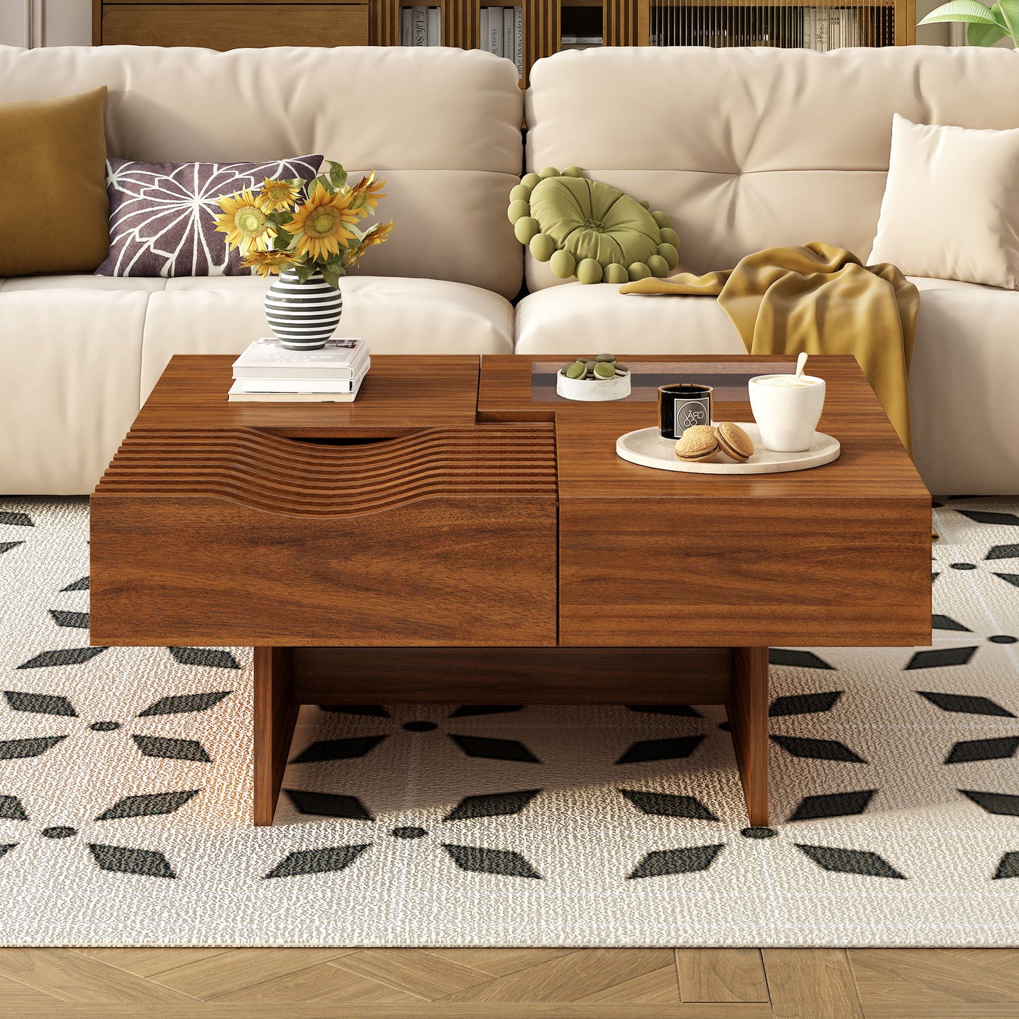 Mid Century Modern Coffee Table, Unique Square Wooden Coffee Table With 3 Drawers, Tempered Glass And Solid Wood Legs For Living Room - Brown