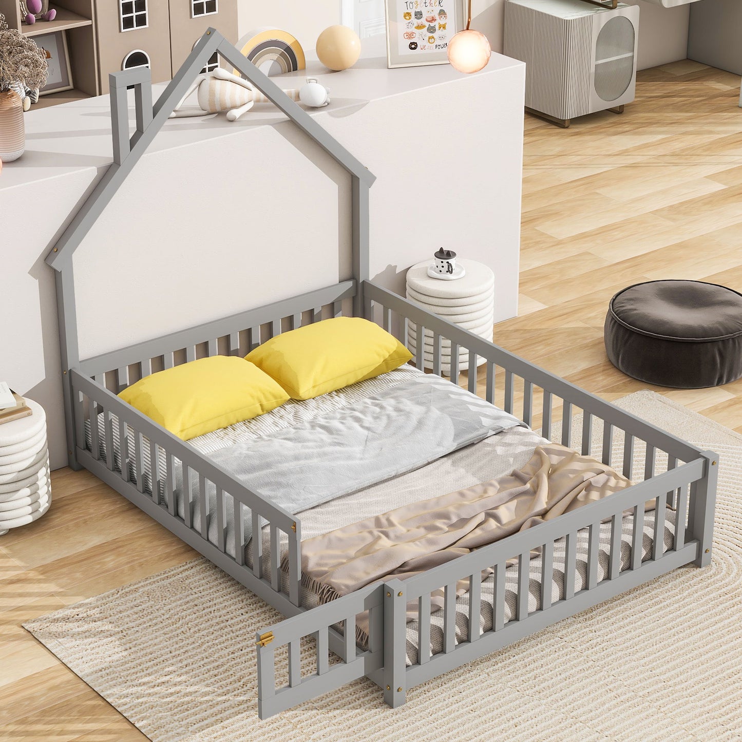Full House-Shaped Headboard Floor Bed With Fence - Gray
