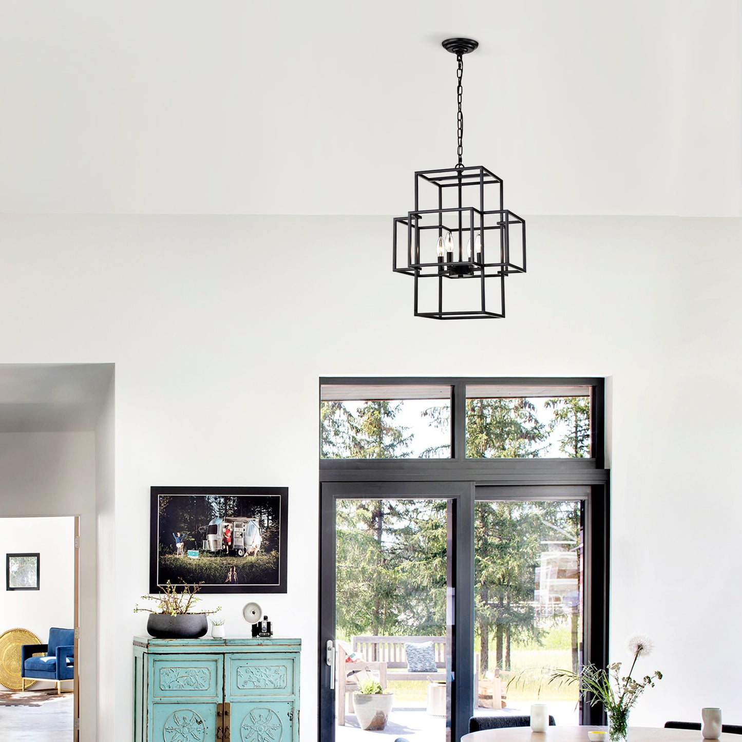 4 Light Metal Lantern Tiered Pendant Hanging Light Fixtures, Industrial Farmhouse Adjustable Height Chandeliers For Dining Room Hallway Foyer Entryway (E12 Bulbs Not Included) - Matte Black