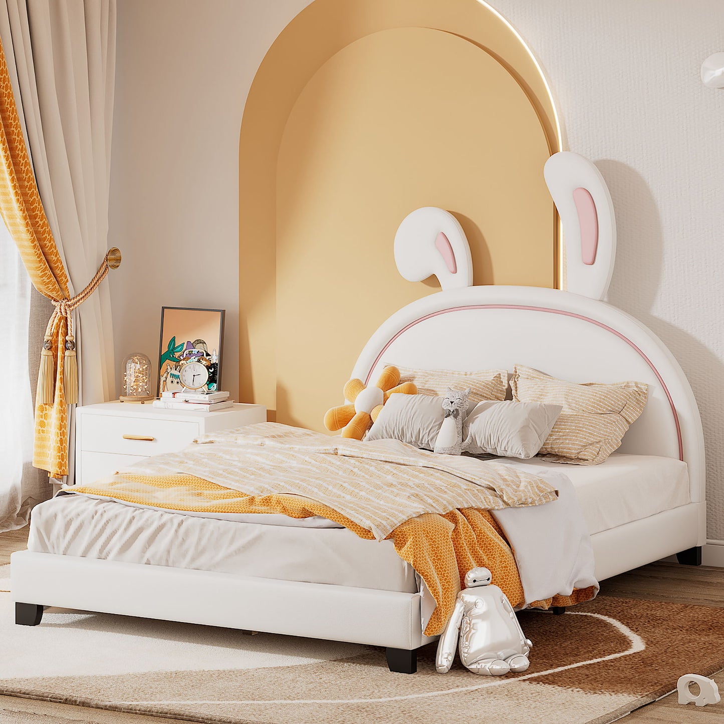 Full Size Upholstered Leather Platform Bed With Rabbit Ornament - White