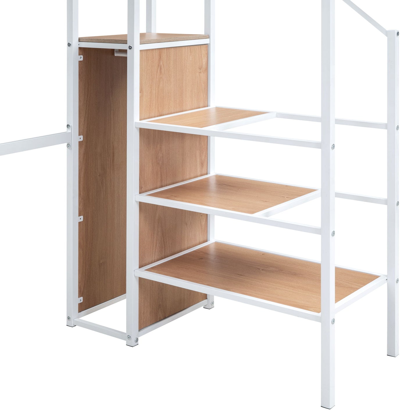 Twin Size Loft Bed With Desk And Grid, Stylish Frame With Lateral Storage Ladder And Wardrobe - White